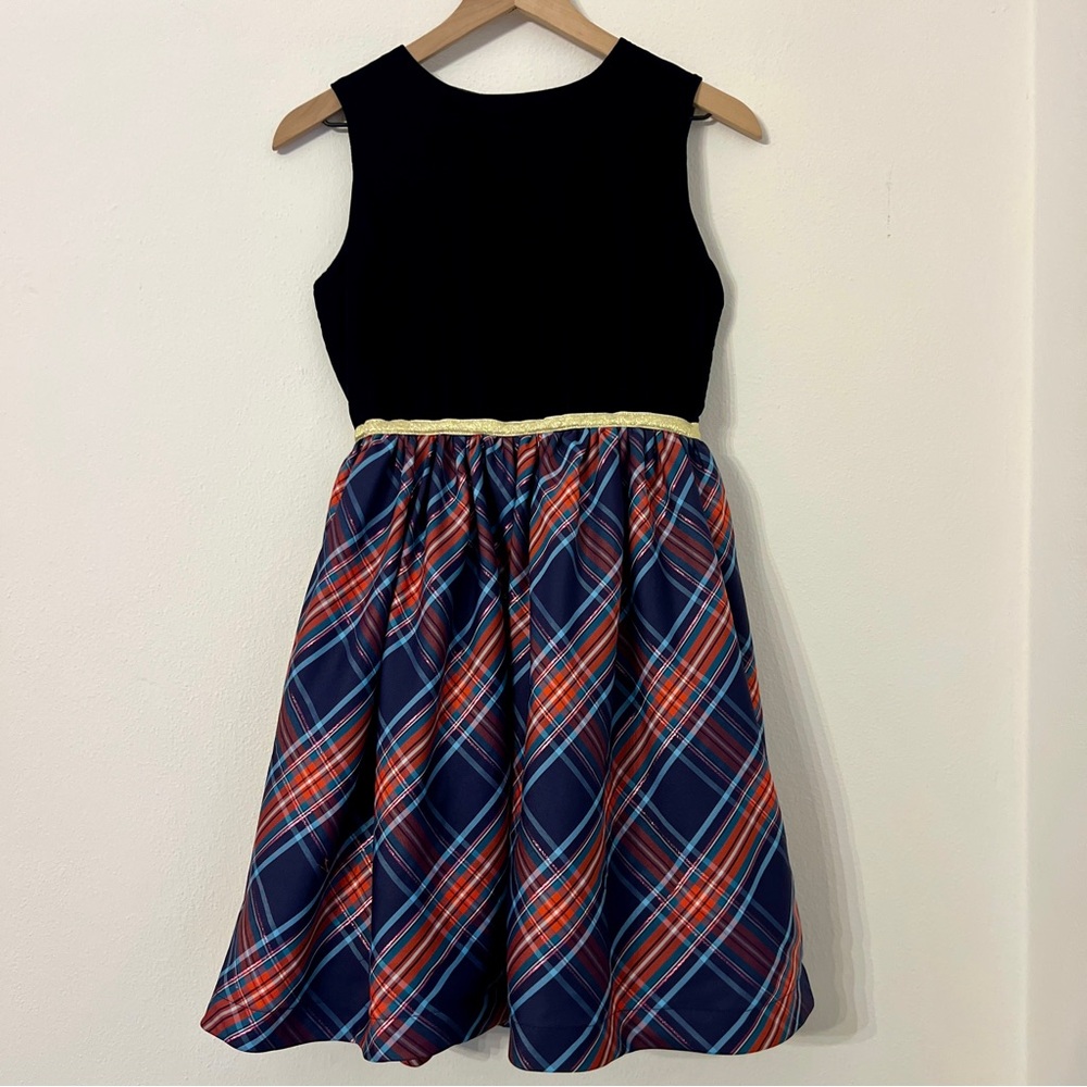 Boden Girls Red and Blue Plaid Christmas/Holiday Dress-Blue velour  13-14y